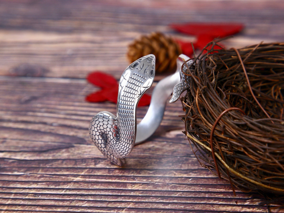 Sterling Silver Snake Cuff Bracelet, Hand Crafted Unisex Snake Statement Jewelry Gift