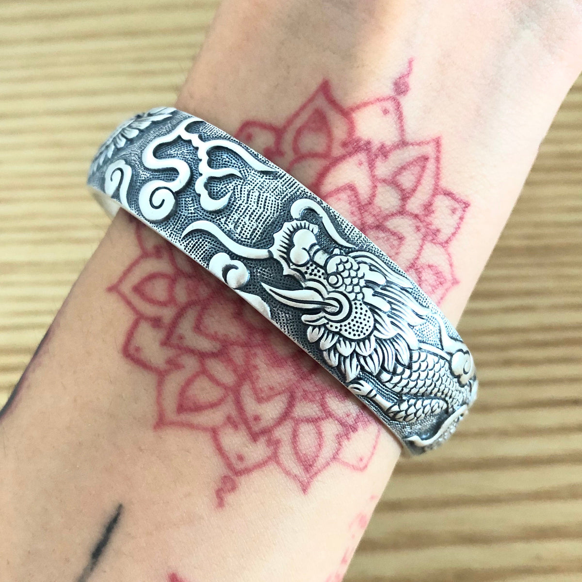 Sterling Silver Dragon Phoenix Cuff Bangle, Engraved Fine Silver