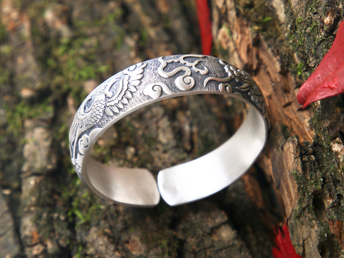 Sterling Silver Dragon Phoenix Cuff Bangle, Engraved Fine Silver