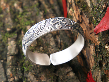 Sterling Silver Dragon Phoenix Cuff Bangle, Engraved Fine Silver