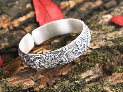 Sterling Silver Dragon Phoenix Bracelet, Wealth Eternal Love, Men Women Protection Cuff Harmony Balance Prosperity Strength Resilience