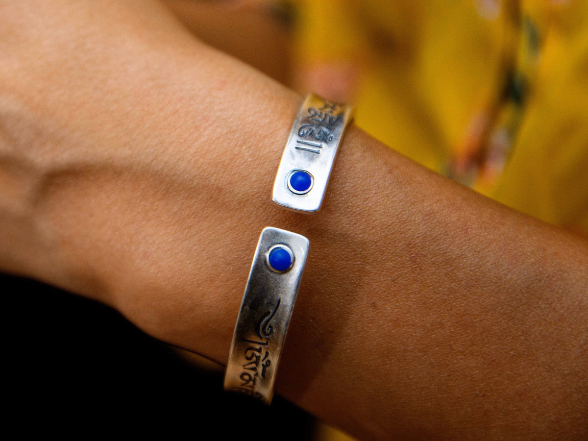 999 Sterling Silver Cuff Bangle, Engraved Tibetan Mantra Bracelet