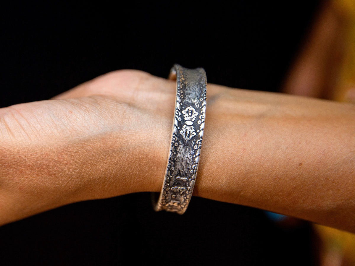 Sterling Silver Tibetan Mantra Cuff Bracelet: Buddhist Bangle