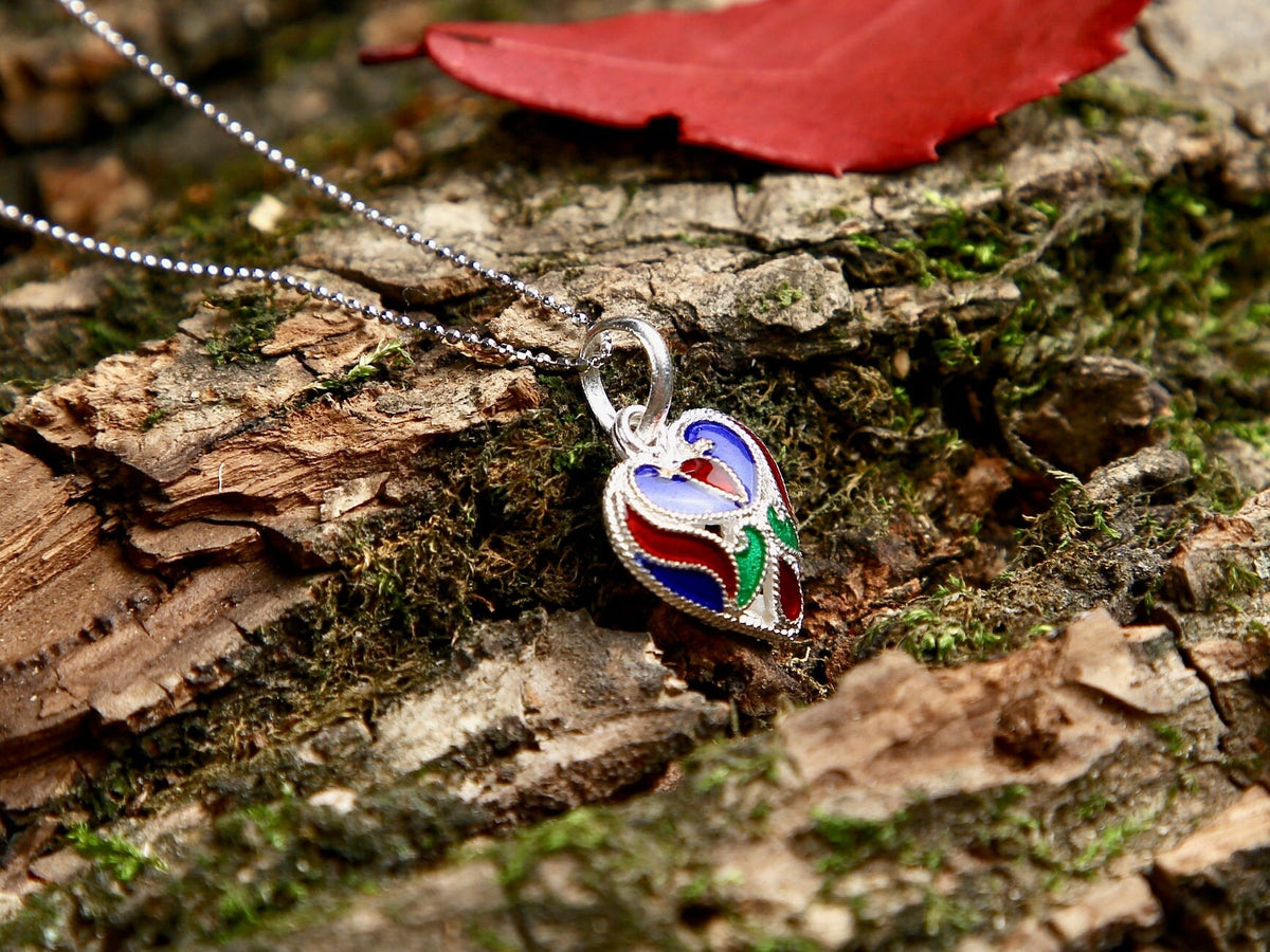 Sterling Silver Colorful Enamel Filigree Heart Necklace, Vintage Design Gift for Her