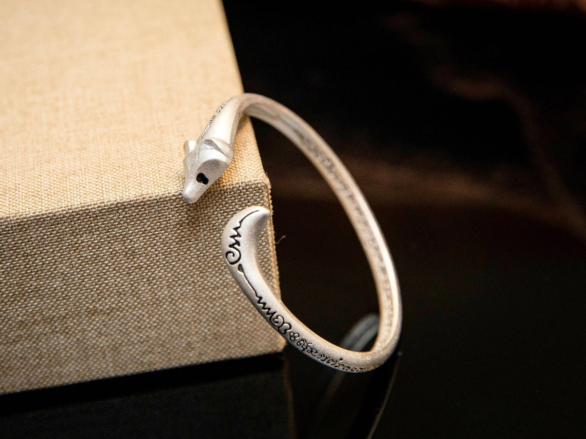 Sterling Silver Fox Bangle Bracelet, Animal Jewelry Cuff
