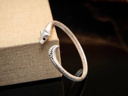 Sterling Silver Fox Bangle Bracelet, Animal Jewelry Cuff