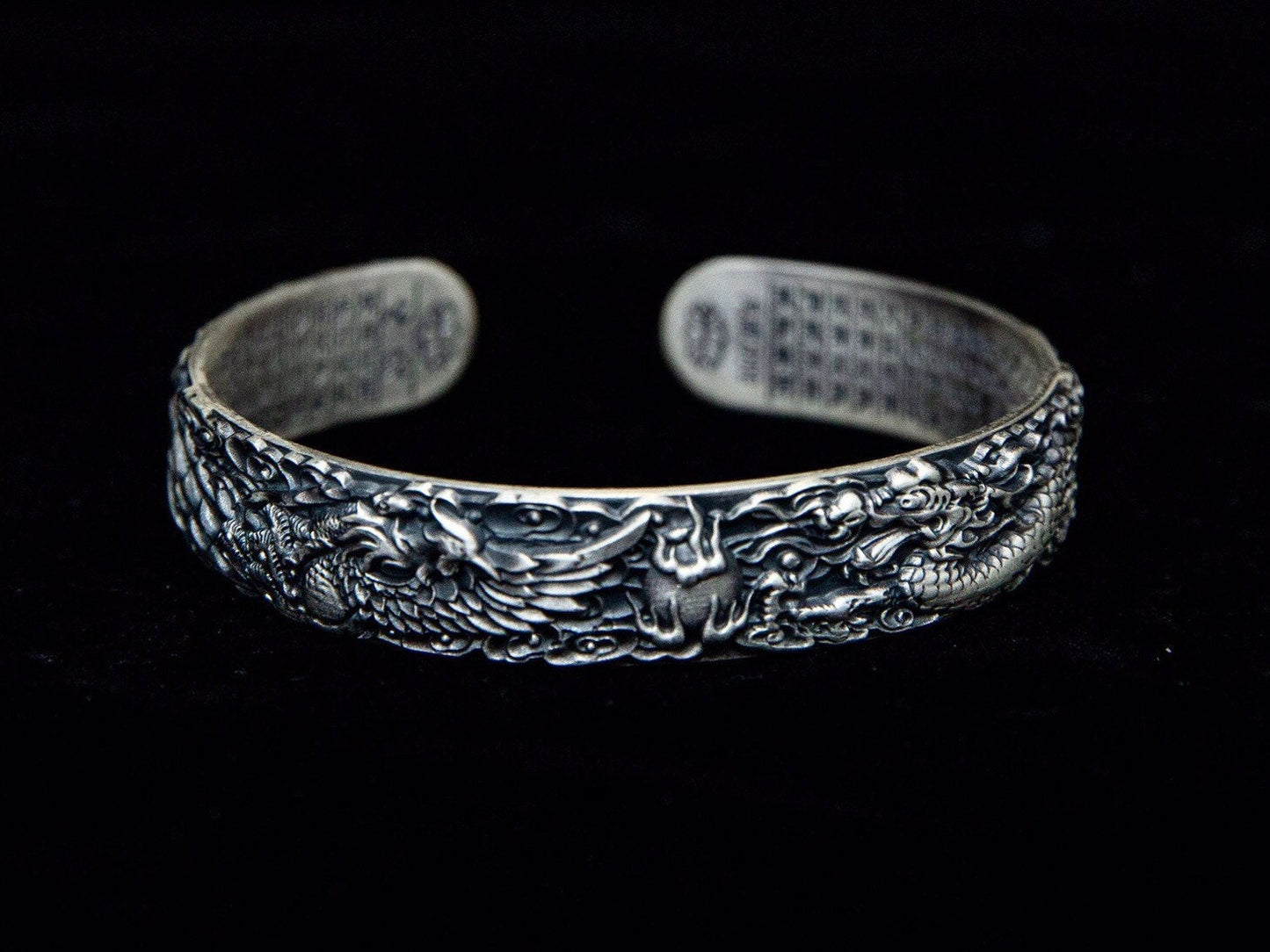 Sterling Silver Dragon Phoenix Cuff Bracelet, Unisex Jewelry