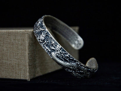 Sterling Silver Dragon Phoenix Cuff Bracelet, Mens Cuff , Unisex Jewelry, Gift for Him Son
