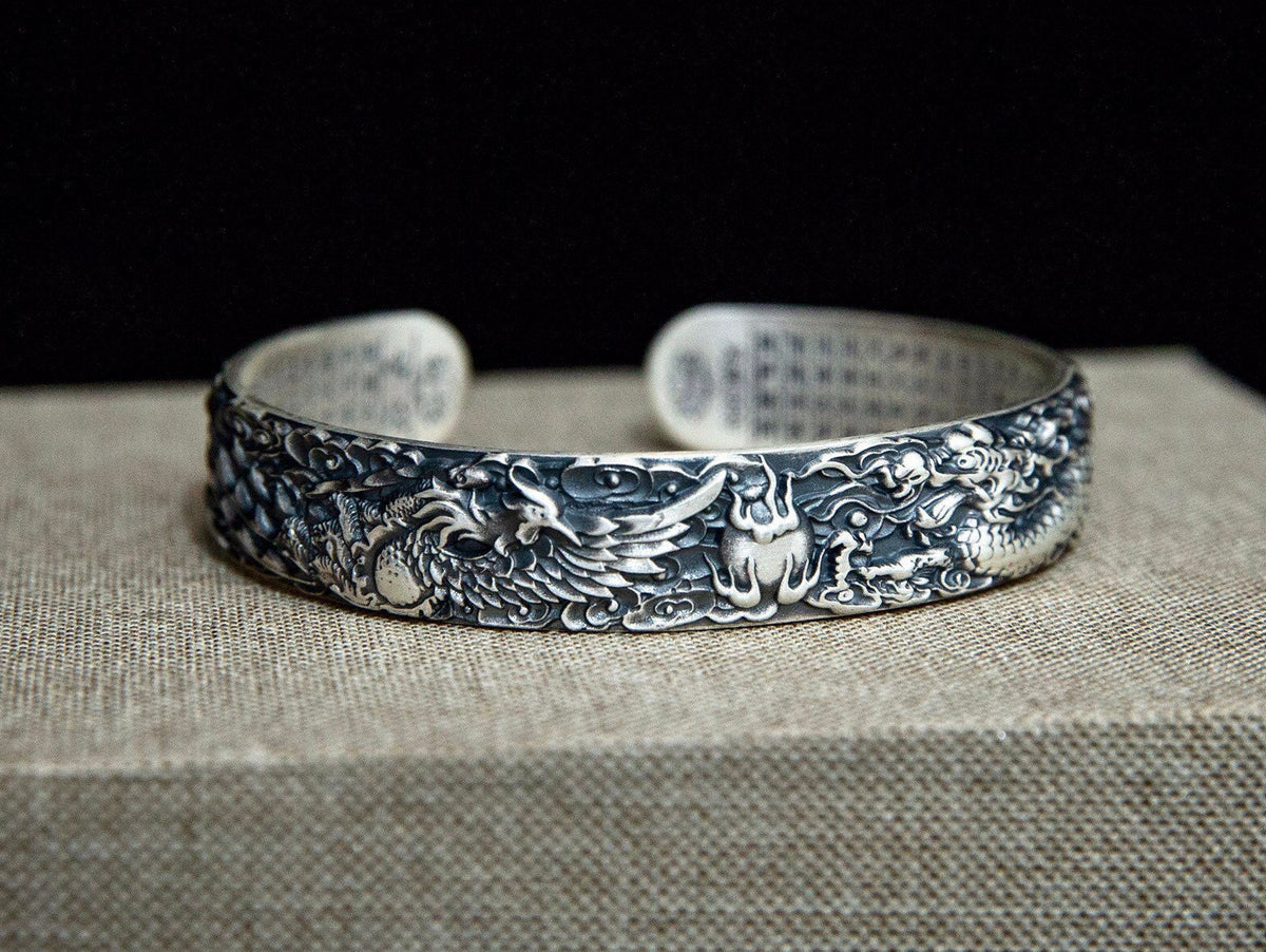 Sterling Silver Dragon Phoenix Cuff Bracelet, Mens Cuff , Unisex Jewelry, Gift for Him Son