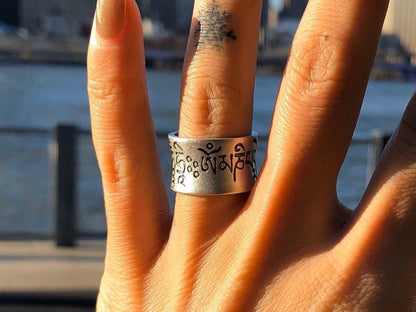 Sterling Silver Protection mantra ring, Thumb Adjustable Open Cuff ring, Buddhist Jewelry