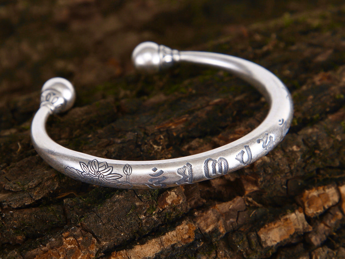 Sterling Silver Protection Bracelet, Mantra Meditation Mens Cuff , Buddhist Gift for Him Her