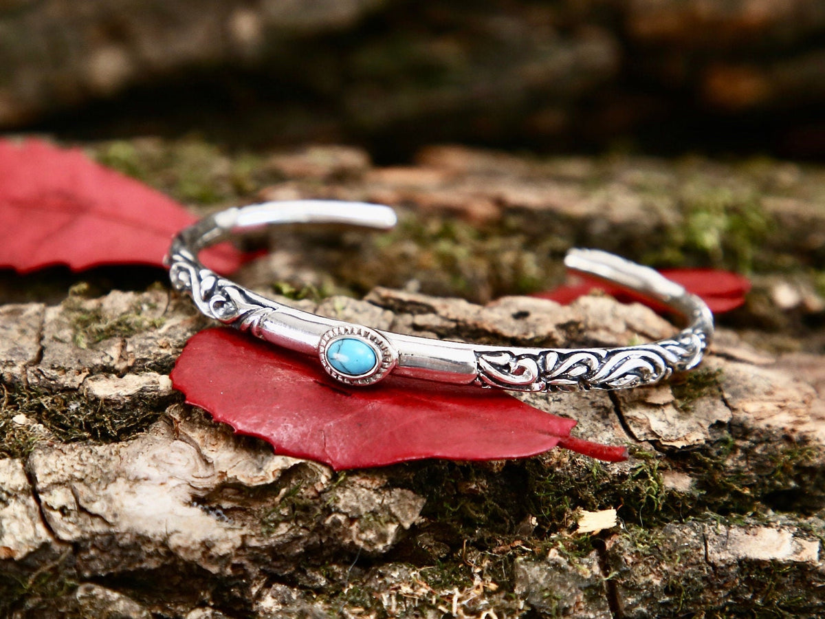 Sterling Silver Turquoise Cuff Bracelet, Engraved Bohemian Jewelry