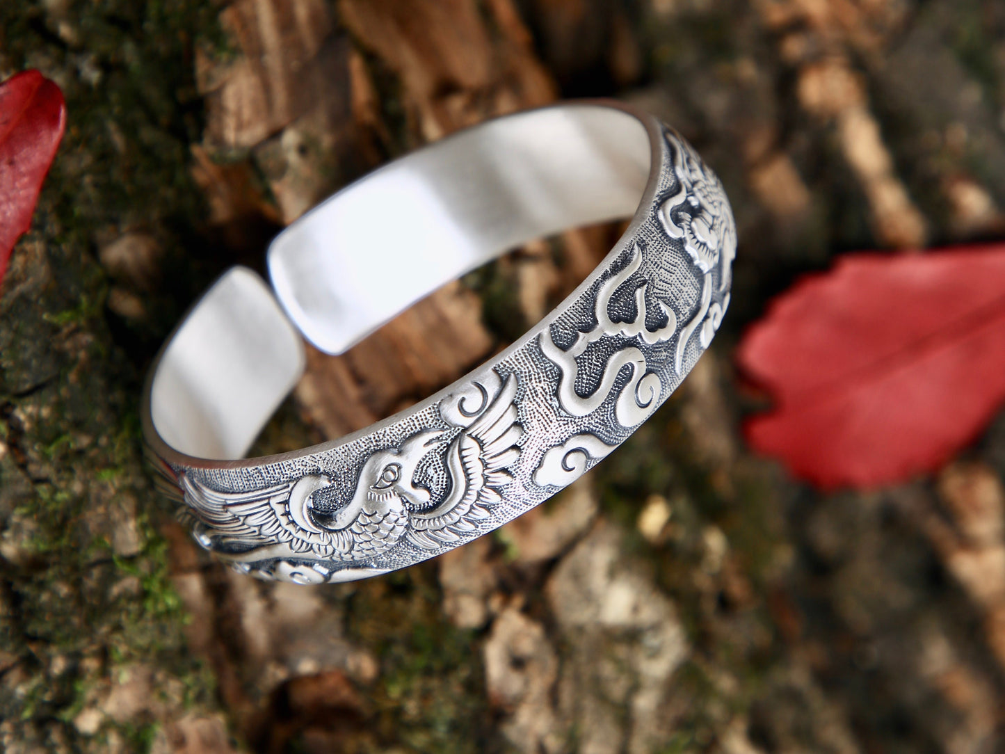 Sterling Silver Dragon Phoenix Bracelet, Wealth Eternal Love, Men Women Protection Cuff Harmony Balance Prosperity Strength Resilience