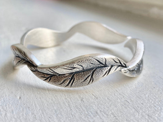 Sterling Silver Cuff Bracelet, Leaf bangle Bracelet, leaf jewelry, nature cuff bracelet, engraved bracelet, silver bracelet for men women