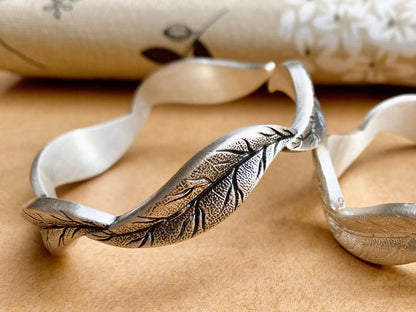 Fine Silver Leaf Cuff Bracelet, Engraved Nature Jewelry