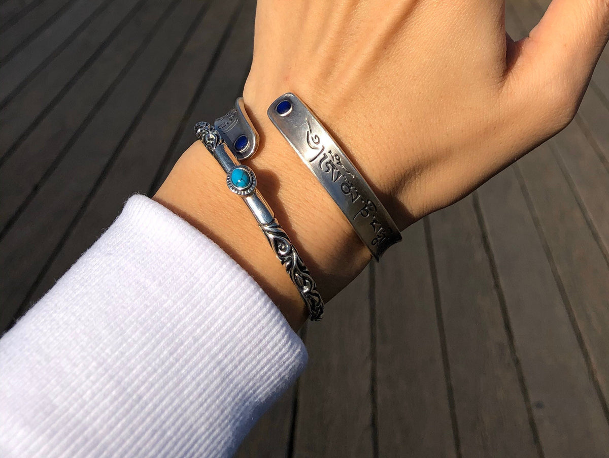 999 Sterling Silver Cuff Bangle, Engraved Tibetan Mantra Bracelet