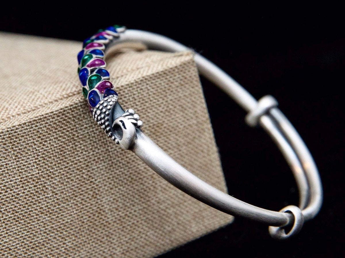 Sterling Silver Peacock Bracelet Adjustable, Enamel Peacock Bird Jewelry Gift for Her