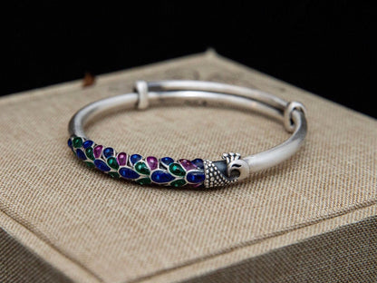 Sterling Silver Peacock Bracelet Adjustable, Enamel Peacock Bird Jewelry Gift for Her