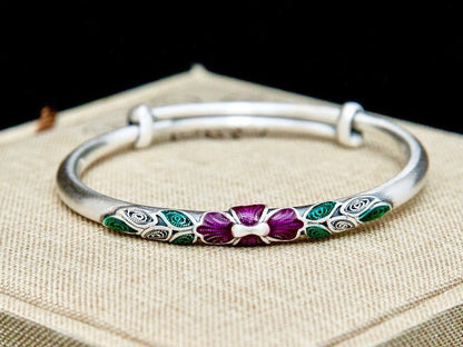 Sterling silver bangle , vintage style enamel bangle, fine silver enamel bracelet with peony flower, leaf bracelet , adjustable bracelet