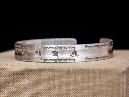 Sterling Silver Om Mani Padme Hum Cuff Bracelet: Buddhist Mantra Jewelry