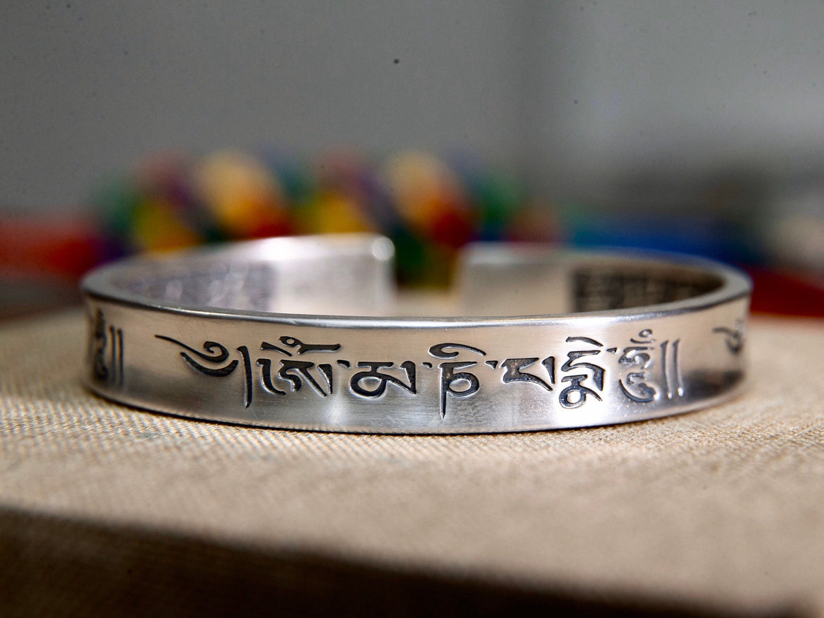 999 Sterling Silver Cuff Bangle, Engraved Tibetan Mantra Bracelet