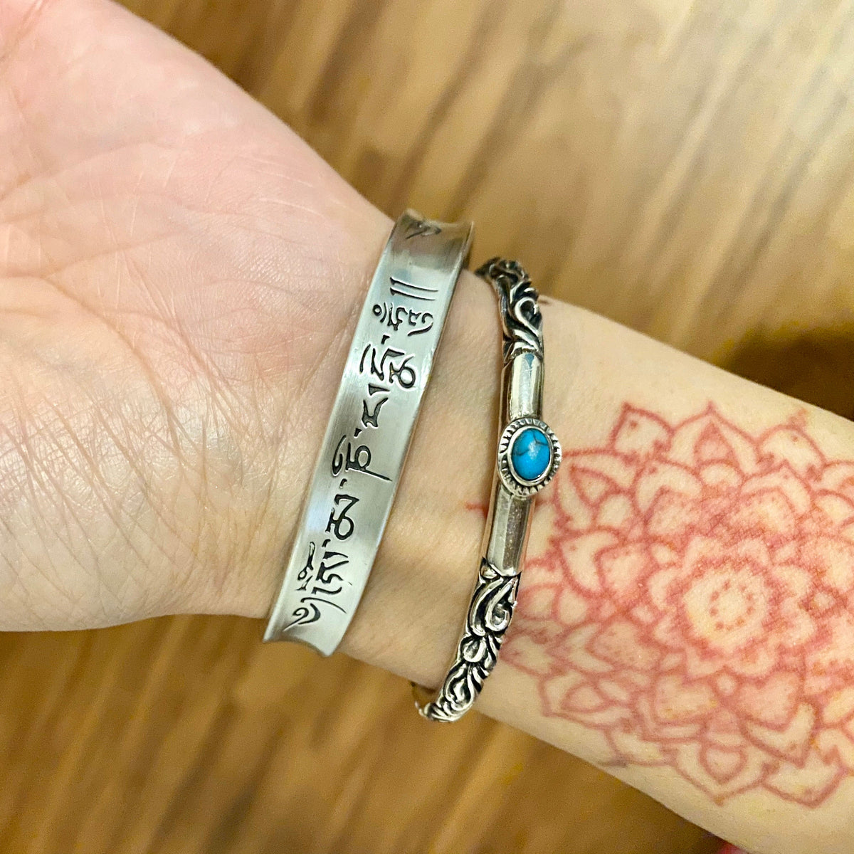 999 Sterling Silver Cuff Bangle, Engraved Tibetan Mantra Bracelet