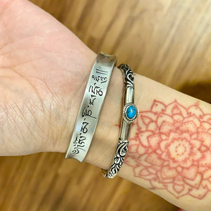 999 Sterling Silver Cuff Bangle, Engraved Tibetan Mantra Bracelet