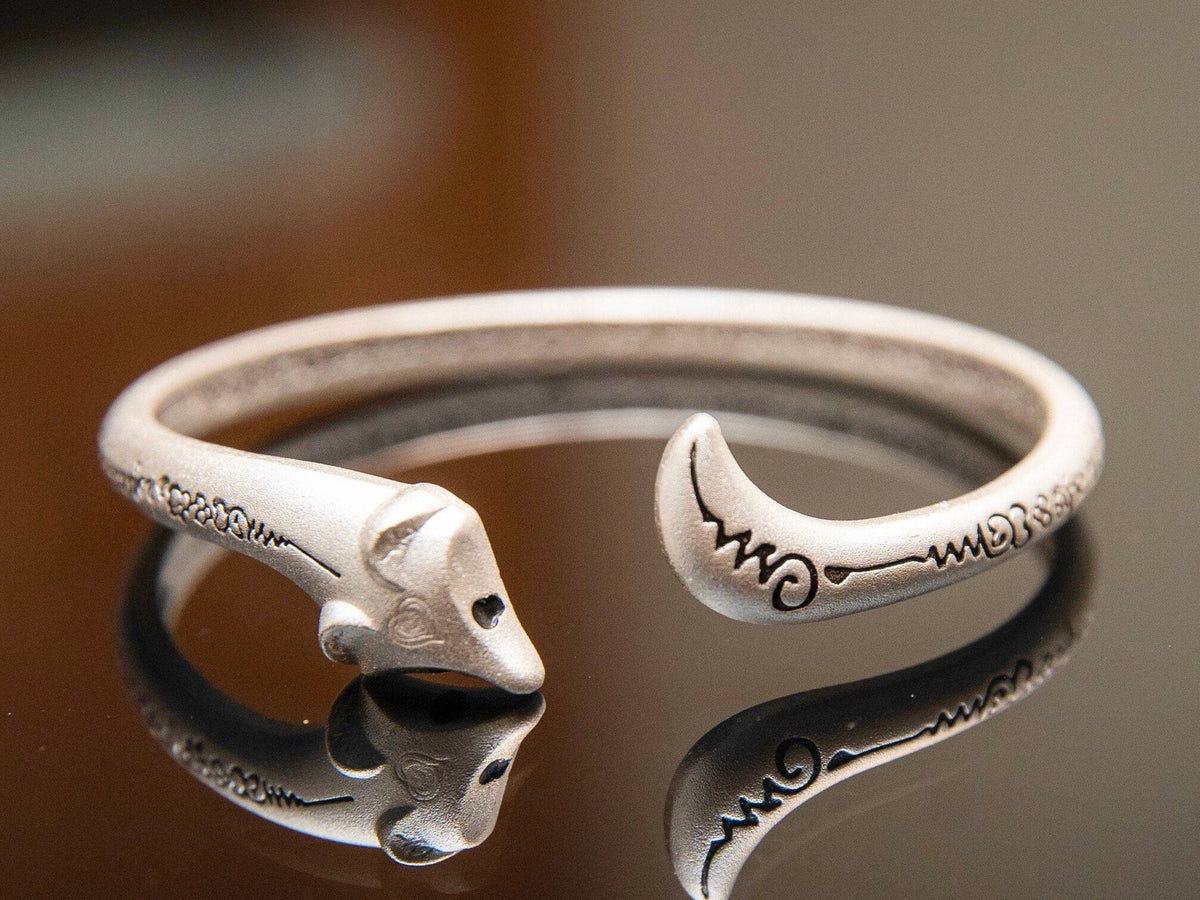 Sterling Silver Fox Bangle Bracelet, Animal Jewelry Cuff
