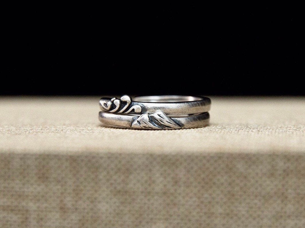 Mountain and Sea Couple Rings Sterling Silver , Adjustable Friendship Rings Gift for Her