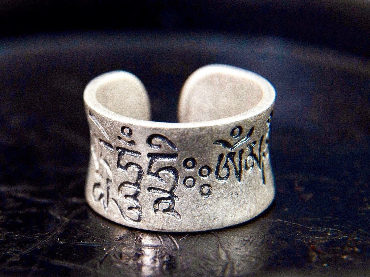 Sterling Silver Protection mantra ring, Thumb Adjustable Open Cuff ring, Buddhist Jewelry