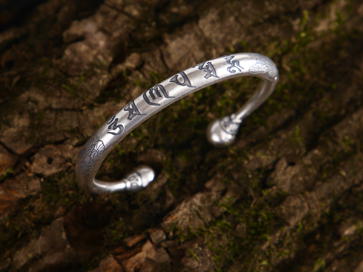 Sterling Silver Protection Bracelet, Mantra Meditation Mens Cuff , Buddhist Gift for Him Her