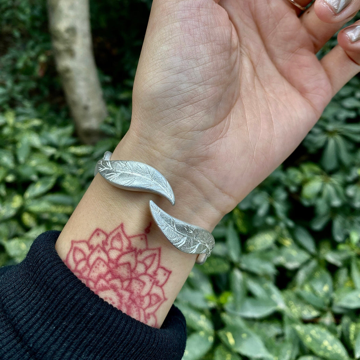 Fine Silver Leaf Cuff Bracelet, Nature Inspired Bangle