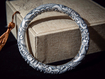 Bold Sterling Silver Dragon Bracelet, Handmade Artisan Unisex Chunky Mens Cuff Gift for Him