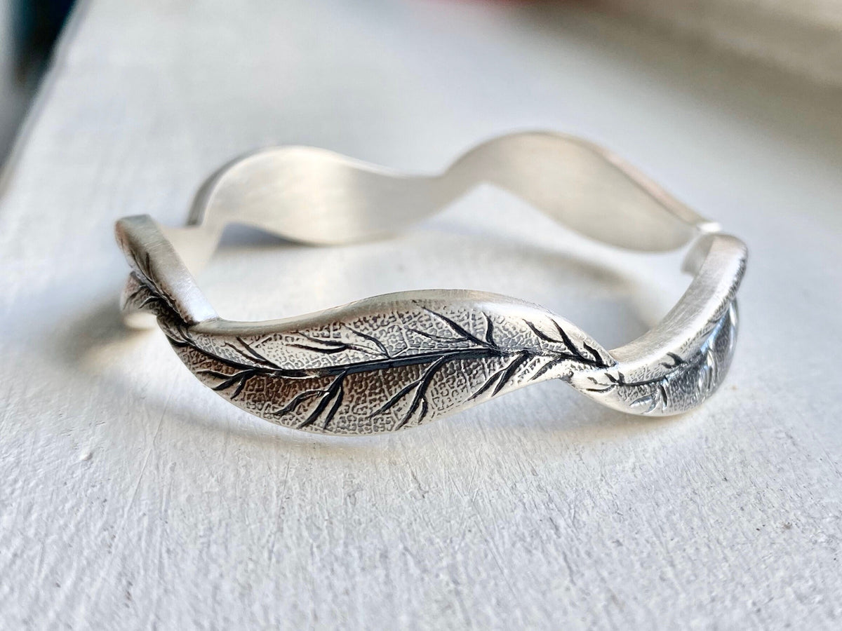 Fine Silver Leaf Cuff Bracelet, Engraved Nature Jewelry