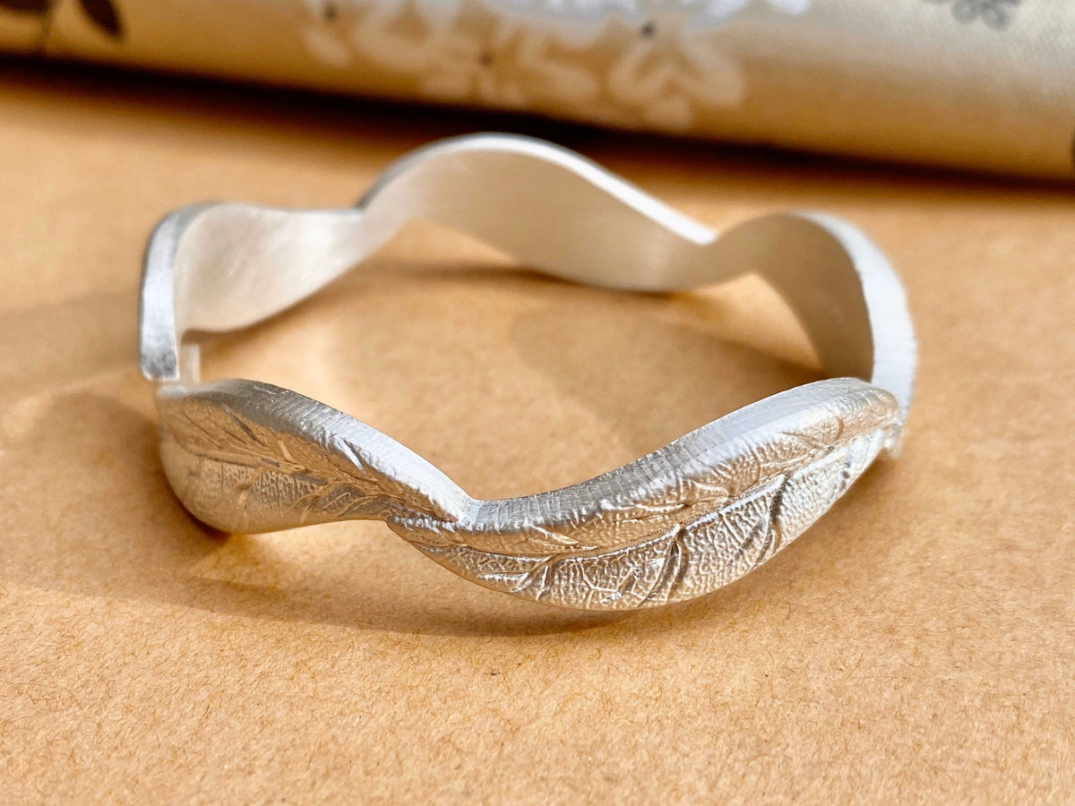 Fine Silver Leaf Cuff Bracelet, Engraved Nature Jewelry