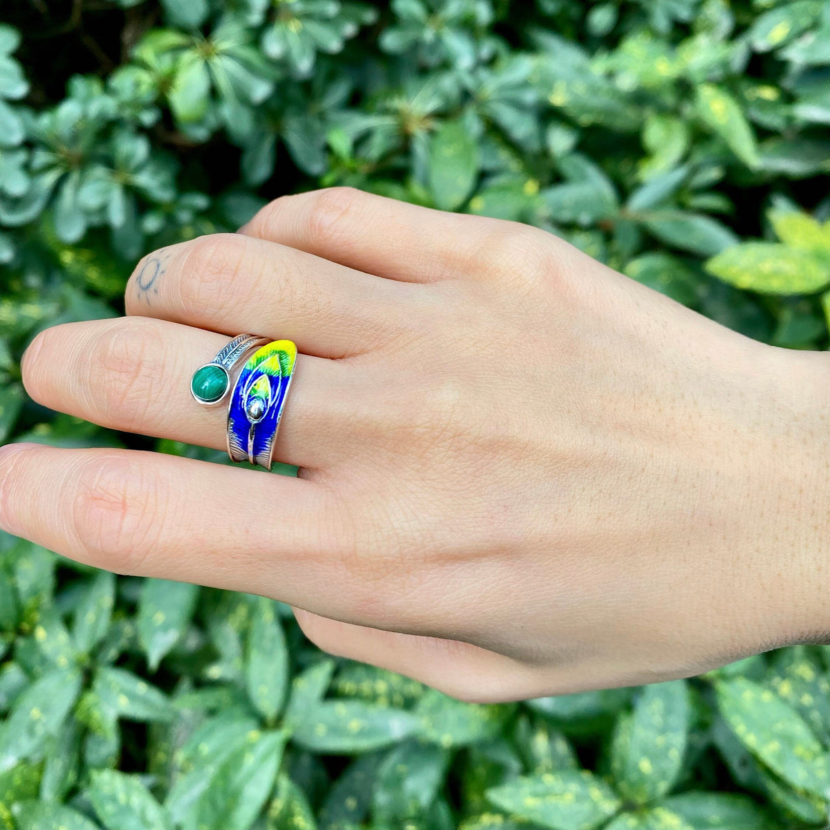 Sterling silver peacock statement ring with malachite , enamel ring, feather ring, nature ring, adjustable ring, peacock jewelry, bird ring