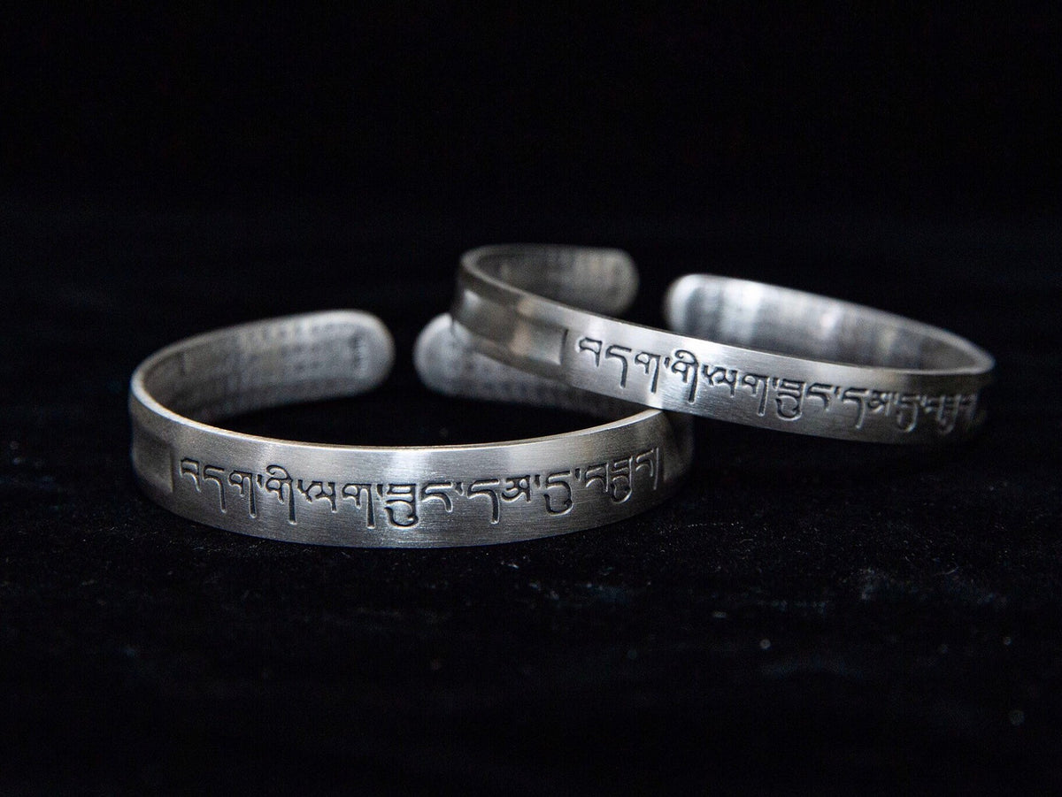 Sterling Silver Cuff Bracelet, Tibetan Mantra, Protection Jewelry