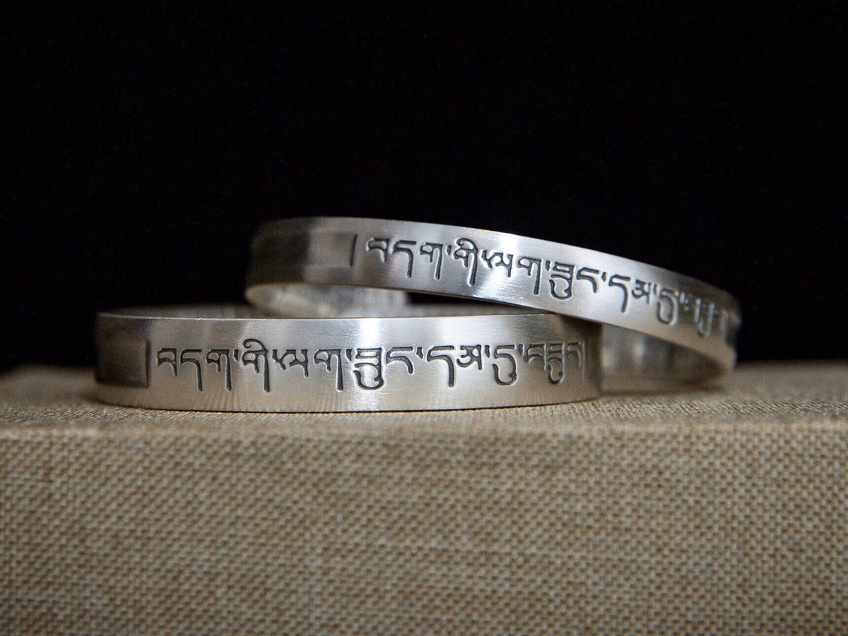 Sterling Silver Cuff Bracelet, Tibetan Mantra, Protection Jewelry