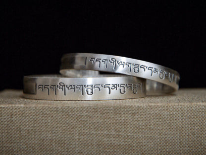 Sterling Silver Cuff Bracelet, Tibetan Mantra, Protection Jewelry