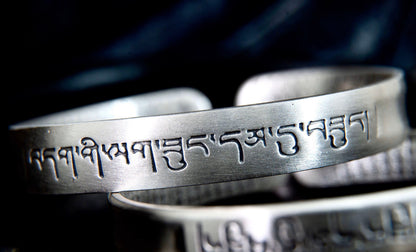 Sterling Silver Cuff Bracelet, Tibetan Mantra, Protection Jewelry