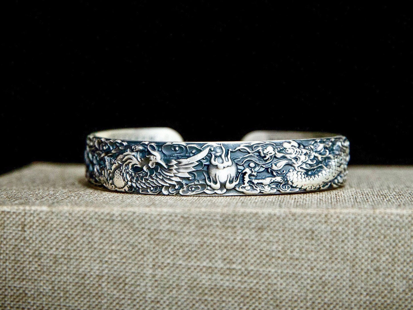 Sterling Silver Dragon Phoenix Cuff Bracelet, Unisex Jewelry