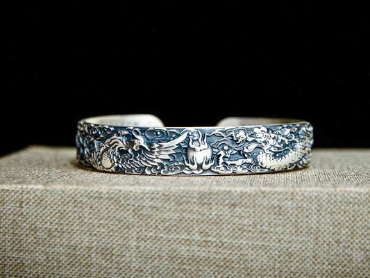 Sterling Silver Dragon Phoenix Cuff Bracelet, Unisex Jewelry