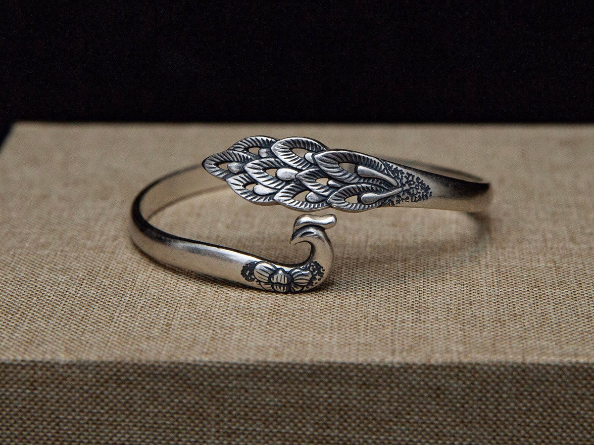 Sterling Silver Peacock Cuff Bracelet Adjustable, Statement Jewelry Mothers Day Gift