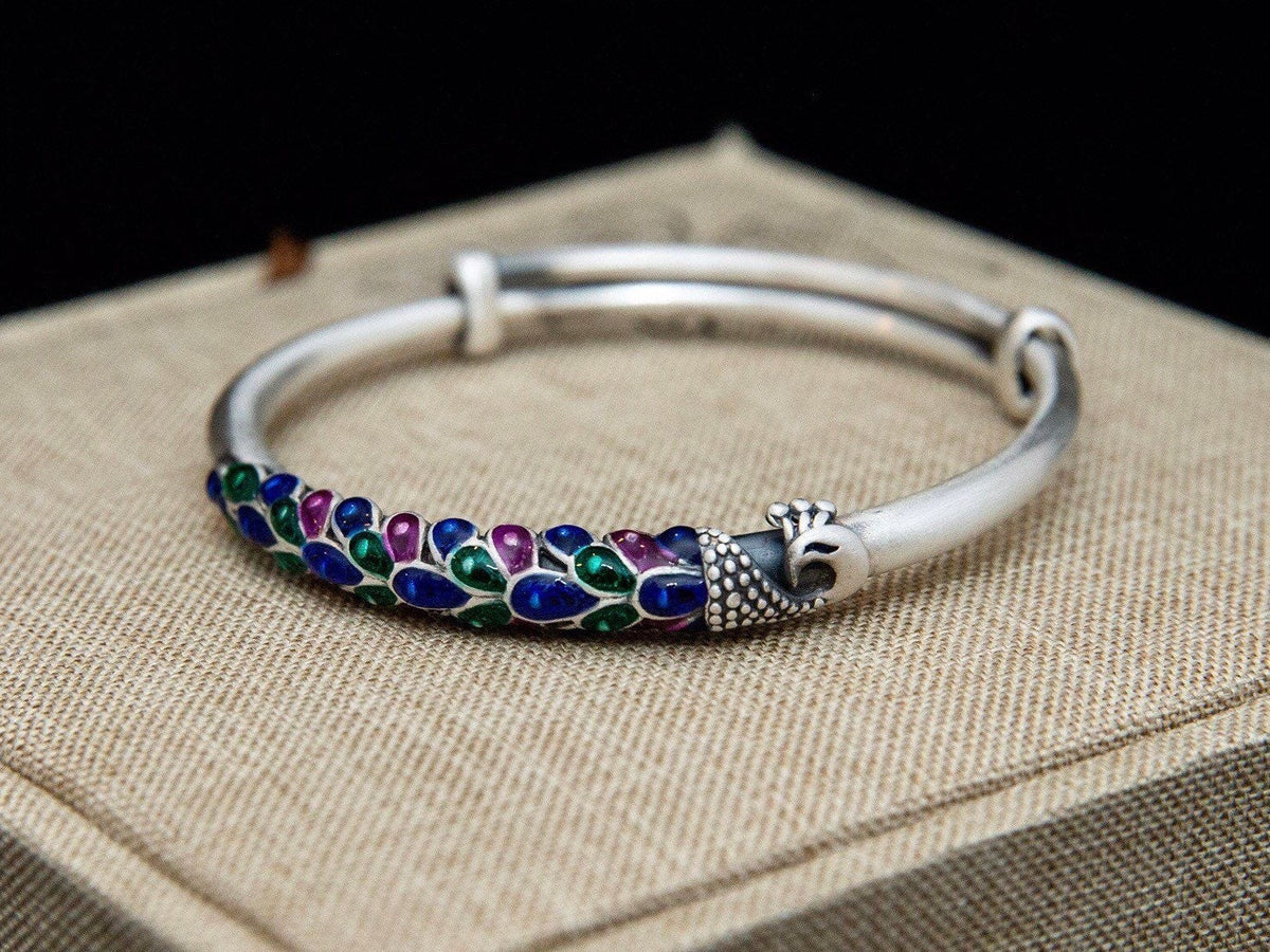 Sterling Silver Peacock Bracelet Adjustable, Enamel Peacock Bird Jewelry Gift for Her