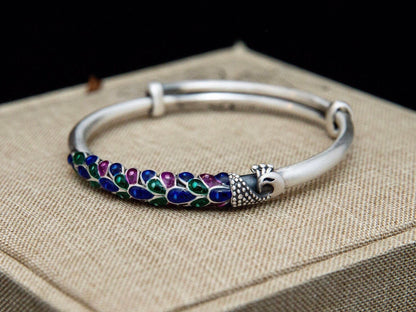 Sterling Silver Peacock Bracelet Adjustable, Enamel Peacock Bird Jewelry Gift for Her