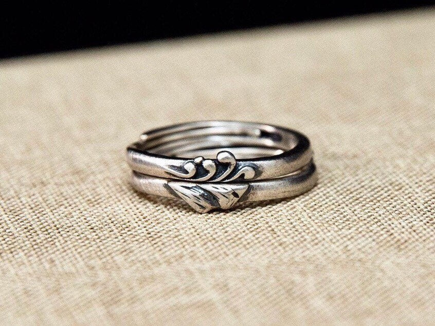 Mountain and Sea Couple Rings Sterling Silver , Adjustable Friendship Rings Gift for Her