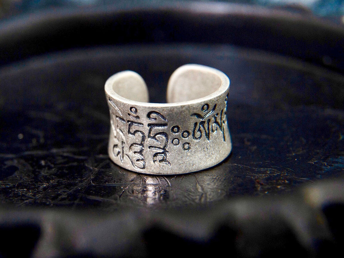 Sterling Silver Protection mantra ring, Thumb Adjustable Open Cuff ring, Buddhist Jewelry