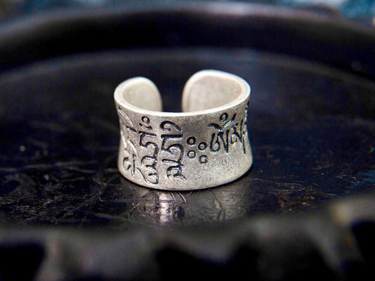 Sterling Silver Protection mantra ring, Thumb Adjustable Open Cuff ring, Buddhist Jewelry