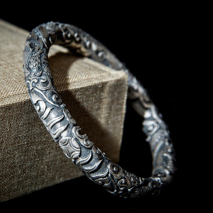 Masculine Sterling Silver Dragon Bracelet Hand Engraved Mens Cuff Bracelet, Mens Viking Bracelet, Dragon Lovers Jewelry Loong Gift for Him