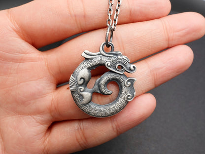 Oxidized Sterling Silver Dragon Mens Necklace, Double Sided Pendant